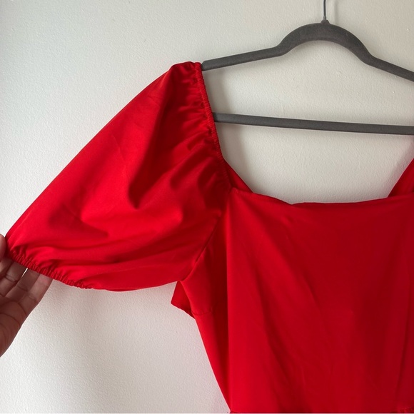 Red Puff Sleeve Cutout Back Midi Dress Women’s Size M Romantic Party Date Night - Picture 3 of 11